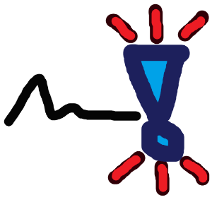 A black squiggle to the left, indicating text, and a large, bolded, blue exclamation mark with red emphasis marks above and below.